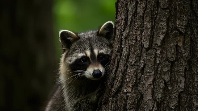 Adorable Raccoon Peeking from Behind a Tree, Wild Animal in Natural Habitat