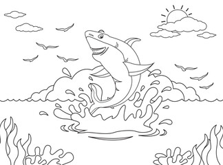 Illustration of a shark in the sea. Coloring book for children and adults. Black and white vector