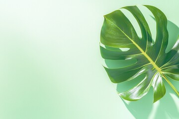 A vibrant green monstera leaf against a soft, textured background creates a fresh, natural aesthetic.