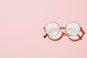 Round glasses resting on a soft pink background, showcasing a minimalist and stylish design.
