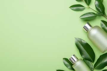 Green background with leaves and cosmetic bottles creates a fresh, natural aesthetic.