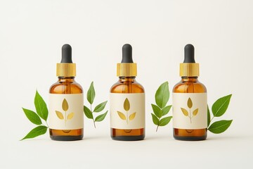 Three amber dropper bottles with leaf designs, surrounded by green leaves on a light background.
