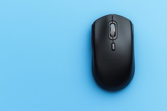 Black computer mouse on a blue background, highlighting modern technology and design. - Powered by Adobe