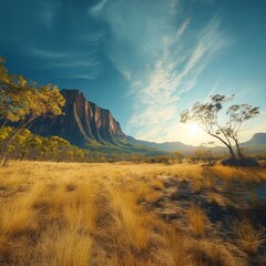 Vast golden grassland landscape with a dramatic mountain range under a clear blue sky at sunset.