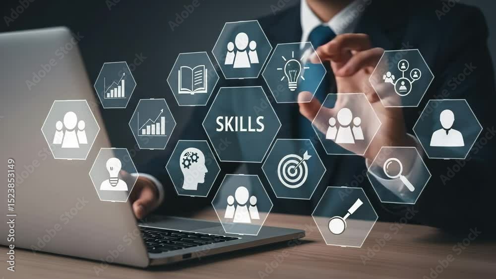 Poster Man using laptop with skills interface overlay and icons for business and career development shown