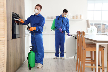 Male workers disinfecting in kitchen