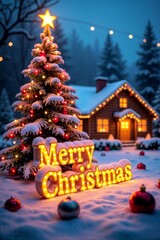 Enchanting Christmas Scene with Decorated Tree and Cozy Snow-Covered Cabin
