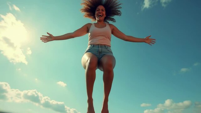 Joyful woman jumps on trampoline against blue sky in slow motion with carefree laughter and movement.