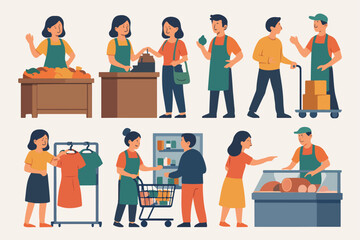 Vector Collection of Shop Worker and Customer Characters in Various Actions Vector Illustration
