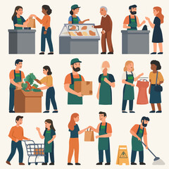 Vector Collection of Shop Worker and Customer Characters in Various Actions Vector Illustration
