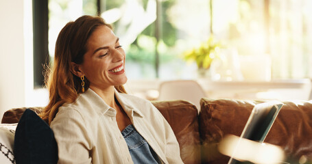 Tablet, happy woman and relax in home on internet for streaming movie, show and watch drama online....