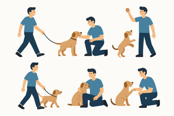 vector set of man with dog in flat design style