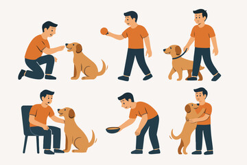 vector set of man with dog in flat design style