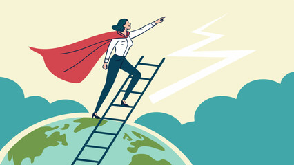 Vector Businesswoman in red cape stands confidently on ladder, pointing towards sky