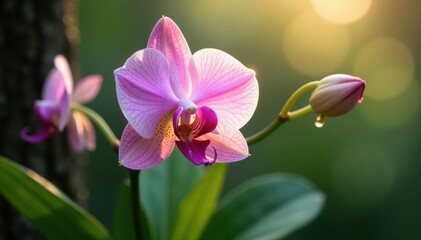Obraz premium Elegant brassavola orchid, dew-kissed petals, spring morning light , yellow, orchid