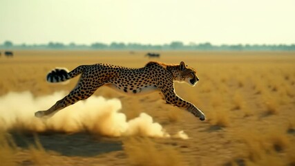 Сheetah bursts into action, showcasing its incredible speed as it leaps over the terrain. Each muscle ripples and dust swirls around, capturing the essence of agility and power in motion. - Powered by Adobe