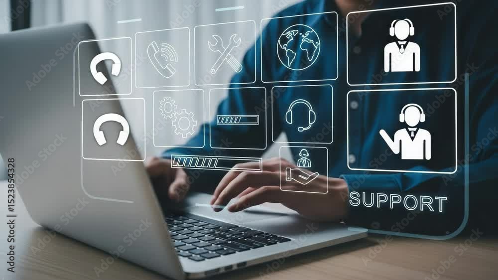 Aufkleber Person using laptop with customer support icons overlayed on the screen interface display panel view