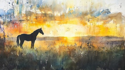A black horse stands in a grassy field at sunrise, depicted in a vibrant watercolor painting.