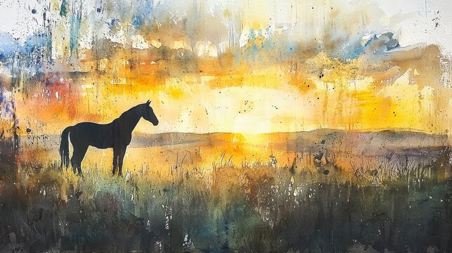 A black horse stands in a grassy field at sunrise, depicted in a vibrant watercolor painting.