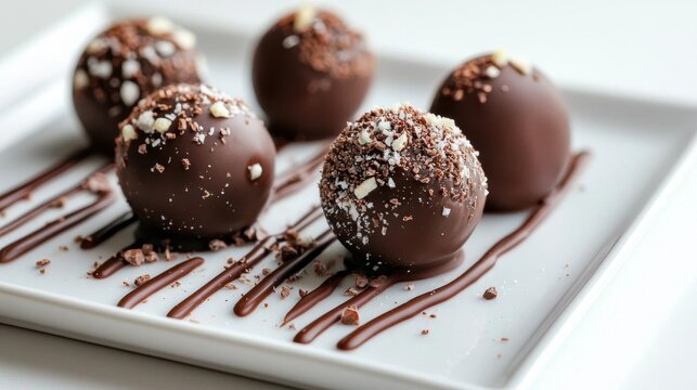 White rectangular plate with six chocolate truffles on it. the truffels are round and have a smooth texture.