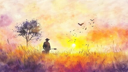 Fototapeta premium A lone cowboy stands in a colorful field at sunrise, birds flying overhead, creating a peaceful and nostalgic scene.