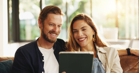 Relax, happy or couple on tablet in lounge for movie choice, online subscription and streaming...