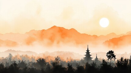 Obraz premium Serene sunrise over misty mountains with a traditional pagoda among trees, rendered in a soft watercolor style.