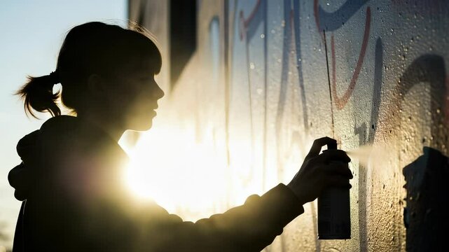 Young urban artist creates vibrant graffiti art on city wall during golden hour