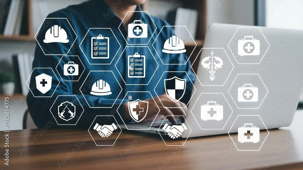 Poster Man using laptop with safety and health icons overlayed on screen in an office environment setting