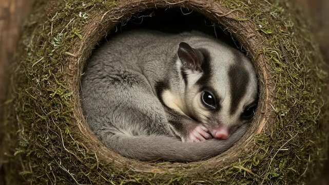 Close-up of Sugar Glider Sleeping Peacefully Curled in a Mossy Nest in Tranquil Setting