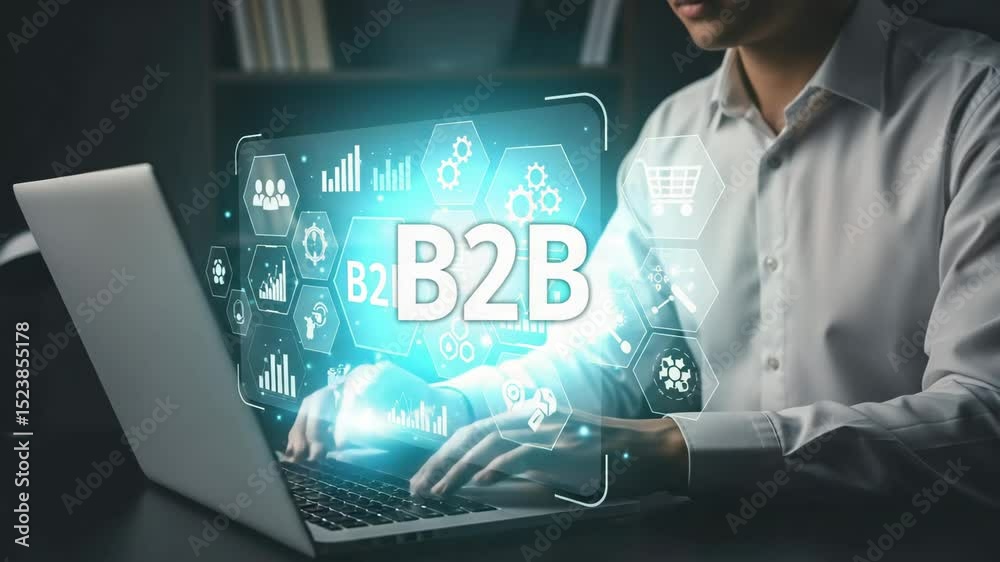 Aufkleber Man typing on laptop with b to b interface and digital icons overlayed on the screen display view
