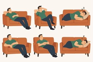 Vector Set Relaxing on the Couch: Man Taking a Nap or Resting at Home.
