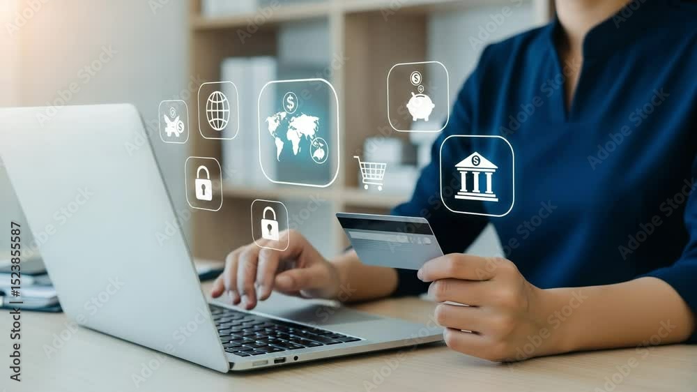 Aufkleber person using laptop with credit card and digital banking icons floating above the keyboard area