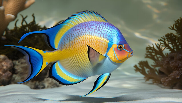 A beautiful large French Angelfish (Pomacanthus paru) from the Atlantic Ocean, often seen in marine aquariums and reef habitats.