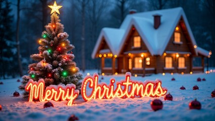 Enchanting Christmas Scene with Decorated Tree and Cozy Snow-Covered Cabin