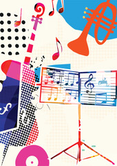 Abstract Music Background, vector illustration. Collage with musical instruments	