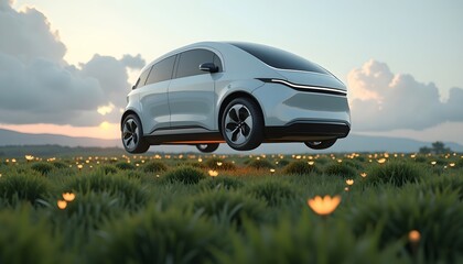 Hovering white vehicle over a glowing floral field at dusk mountains  clouds backdrop