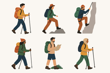 Obraz premium Vector illustration set of diverse characters hiking, climbing, and trekking with outdoor adventure gear. 