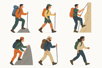 Vector illustration set of diverse characters hiking, climbing, and trekking with outdoor adventure gear.
