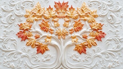 Intricate white bas-relief with a central tree motif, featuring orange and yellow leaves, surrounded by ornate swirling designs