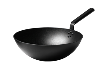 Black wok with handle, isolated on black background