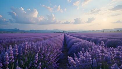 Fototapeta premium Lavender field at dusk with rows of purple flowers under a blue sky with white clouds and distant hills