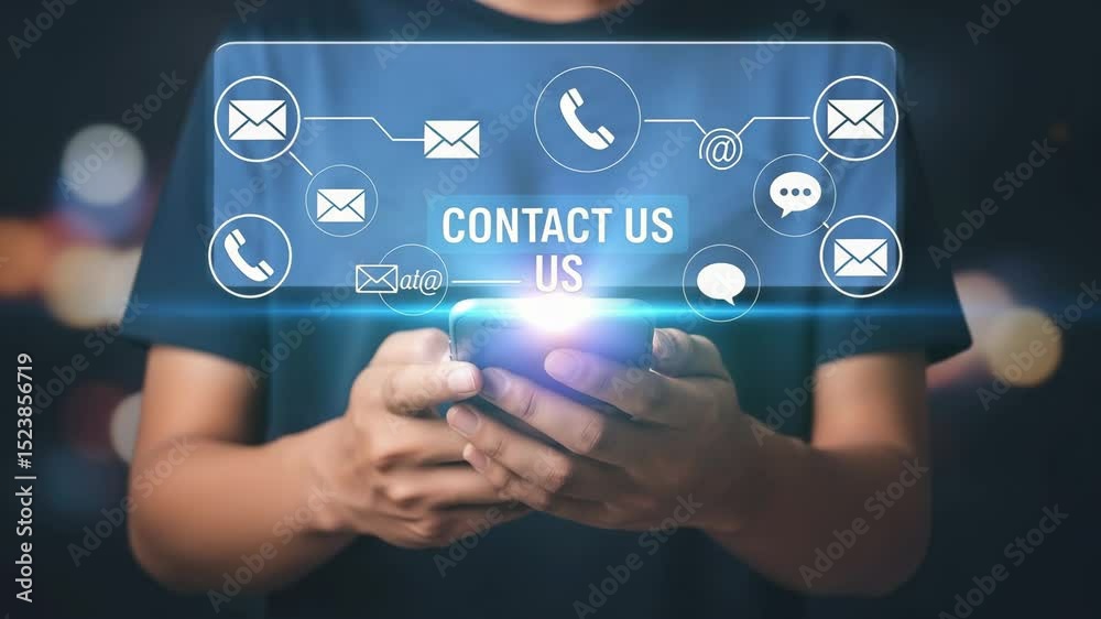 Poster person holding phone with contact us icons floating above the device in a blue interface box