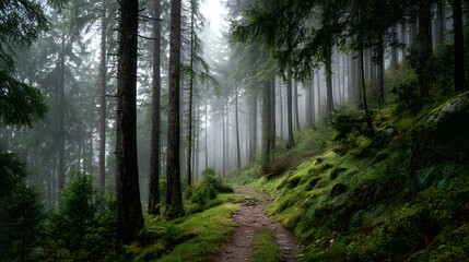 Obraz premium A narrow dirt path winding through tall trees with fog rolling gently around the trunks