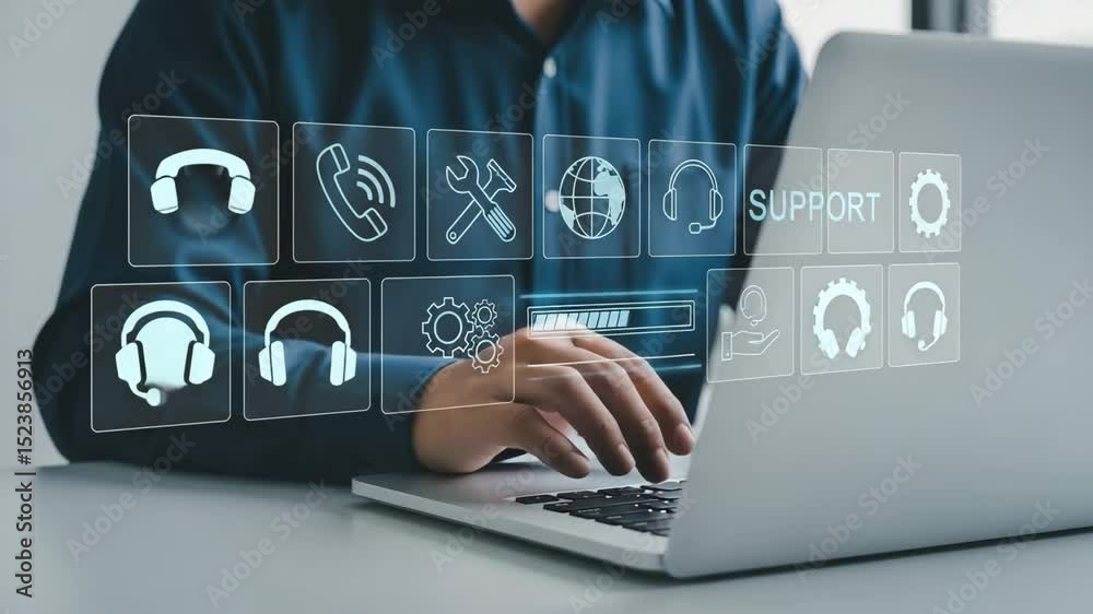 Poster person typing on laptop with support icons overlayed representing technical assistance and customer 