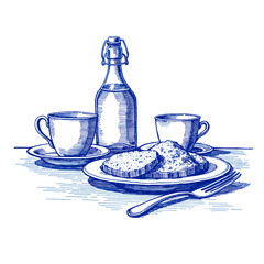 Vintage sketch of room service breakfast with cups and pastries  