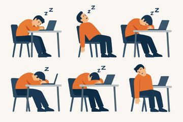 Vector Set Exhausted Man Sleeping at Desk in Chair