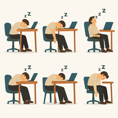 Vector Set Exhausted Man Sleeping at Desk in Chair