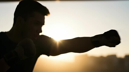 Silhouette of a Boxer Training Outdoors at Sunset for Strength and Endurance - Powered by Adobe