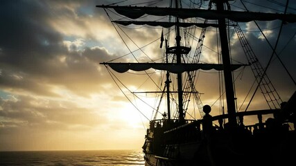 Silhouette of majestic sailing ship at sunset, evoking adventure and nautical charm - Powered by Adobe